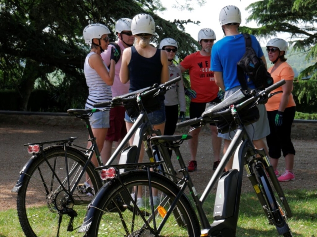 Groupe de cyclistes avec casques et vélos électriques.